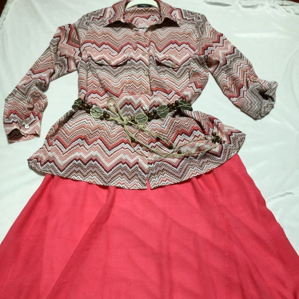 Elementz Womens Size 1X Button Blouse Top Shirt Pockets Roll Sleeve Peach Brown